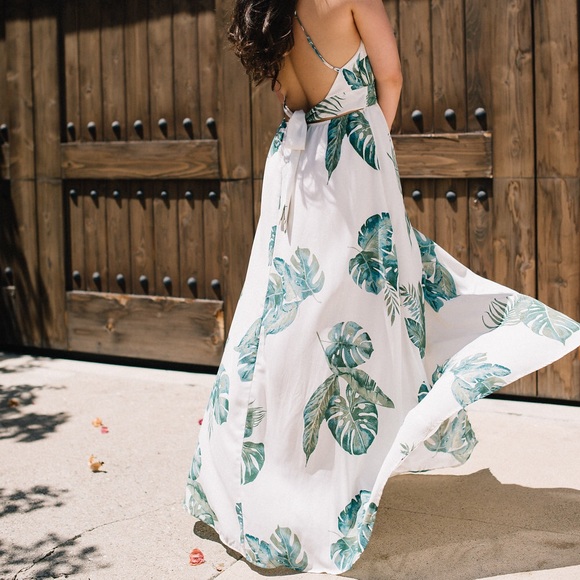 LAST One: White Monstera Palm  Printed Maxi Dress - Picture 2 of 5